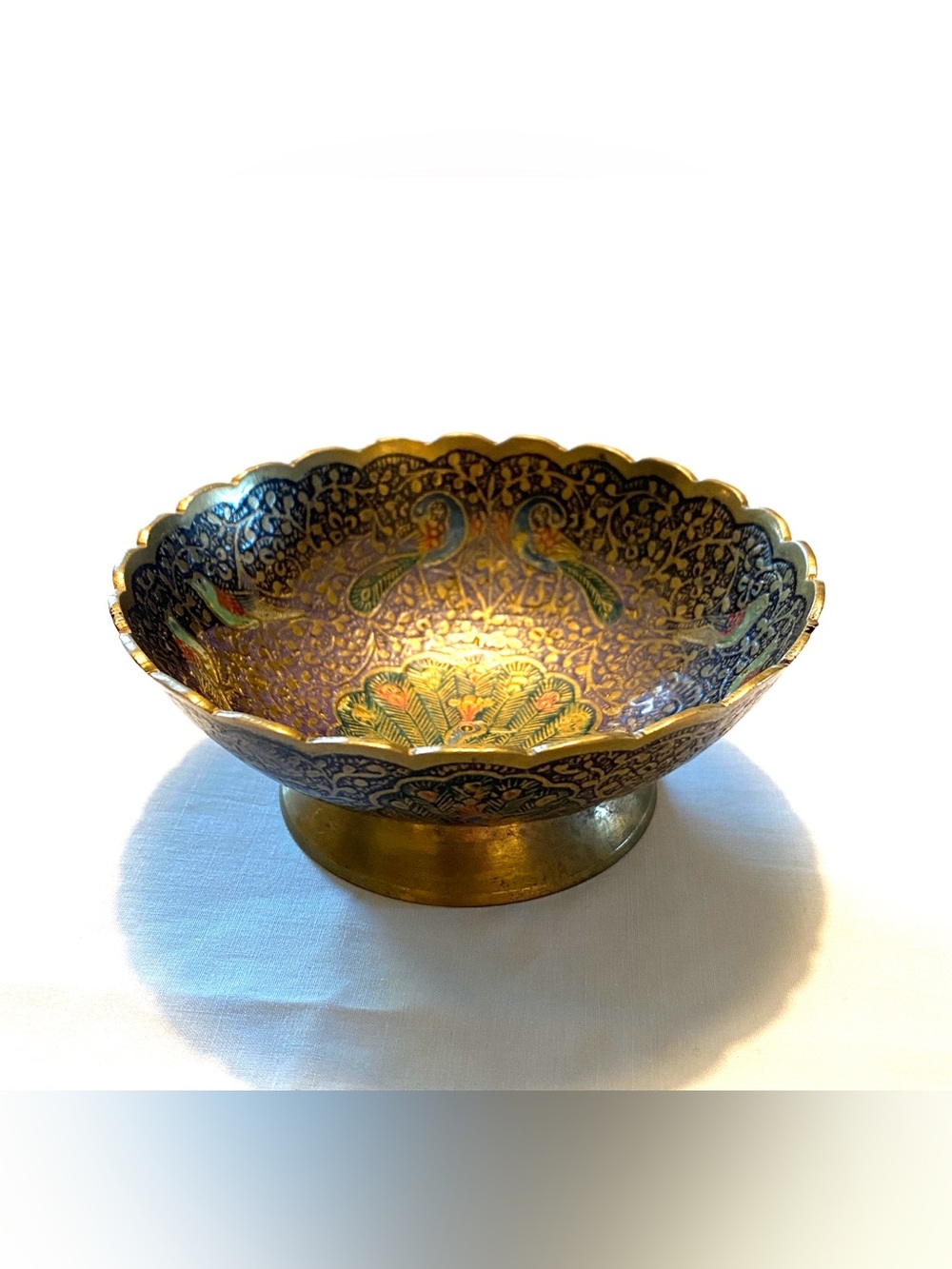 Vintage Brass Peacock Bird Pedestal Bowl Floral Trinket Catchall Dish Scalloped